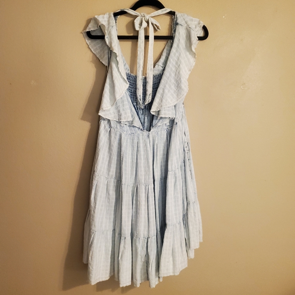 FREE PEOPLE Undone Acid Wash Blue Tiered Ruffled Open Back Smocked Mini Dress M - Picture 7 of 15